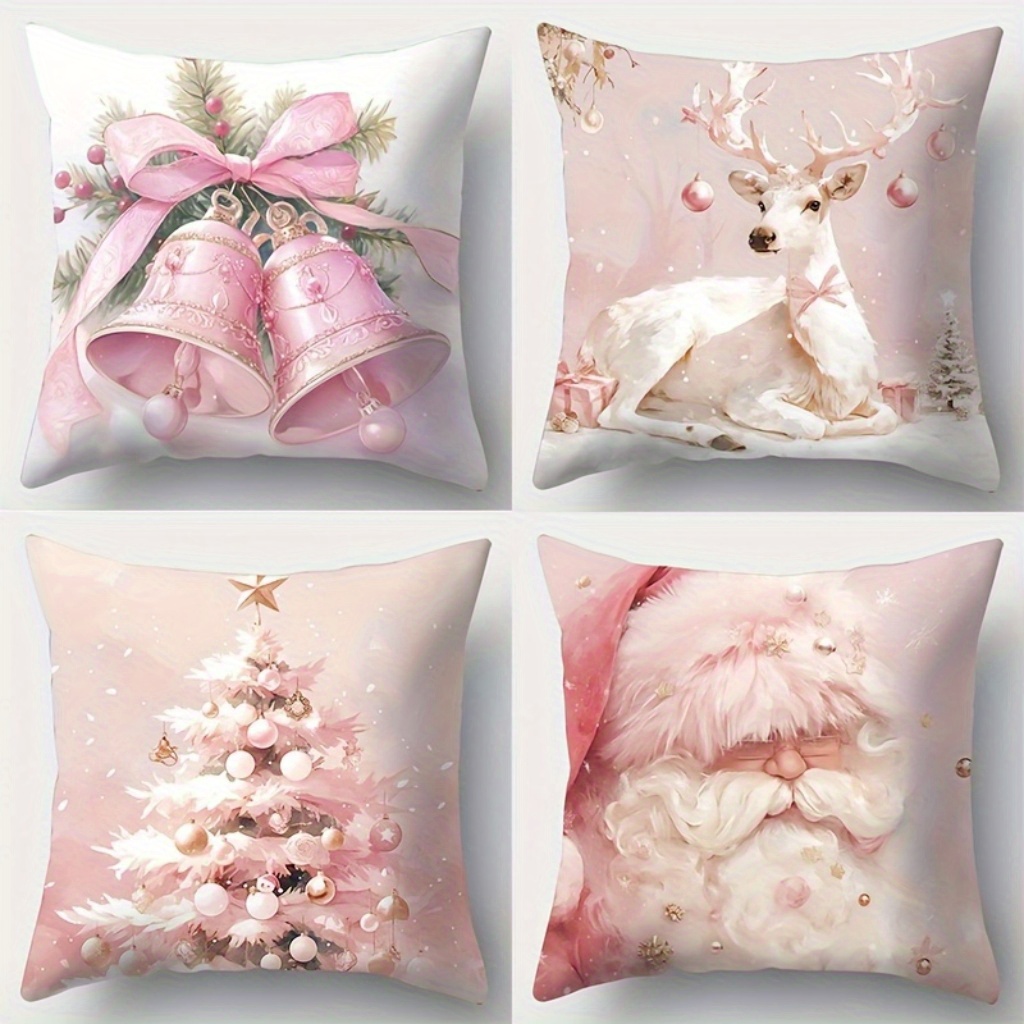 

4pcs Modern Christmas Throw Pillow Covers - With Santa And Christmas , Cushions, Zipper Closure, Woven Polyester Living Room Decor, No Pillow Insert