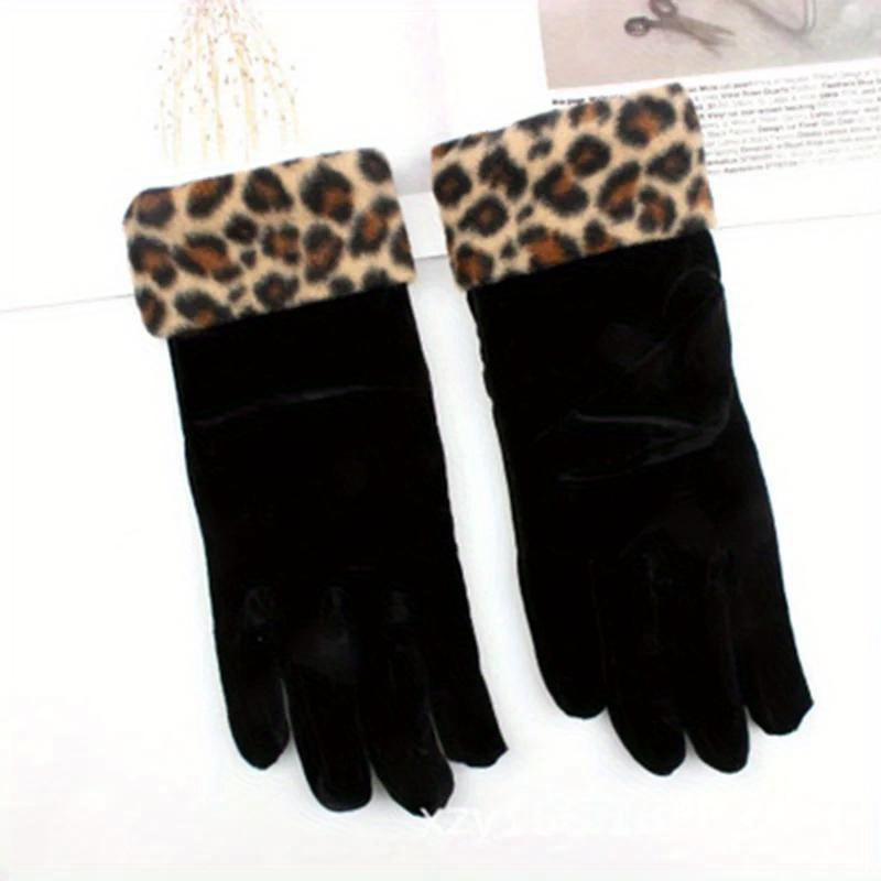 

Women' Velvet Gloves With Leopard Print Cuffs, Soft Warm Split Finger Gloves For Autumn And Winter