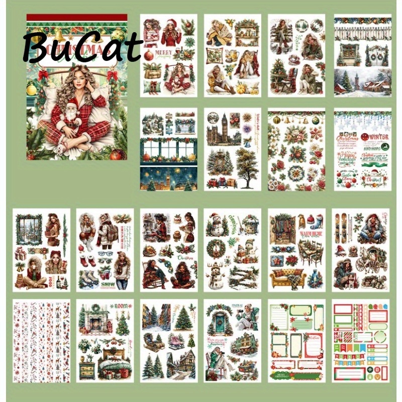 Image of 20sheets Large Size Christmas Santa Claus Sticker Book Dual-material Washi Pet Holiday Party Decoration Stickers Set For Scrapbooking