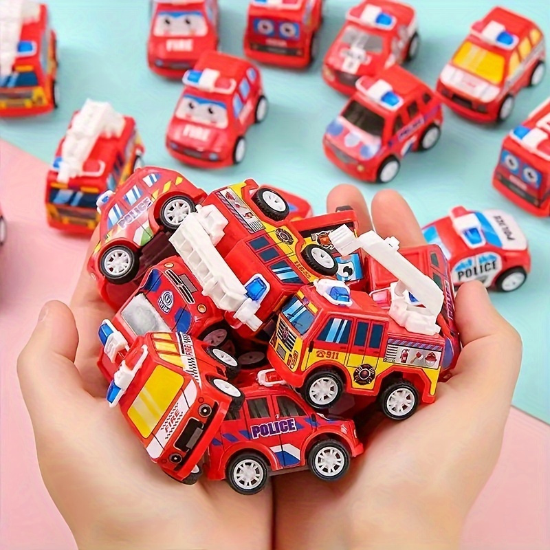 

10 Mini-camions de pompiers et voitures de police en cartoon : Jouets pour enfants, parfaits pour les fêtes d'anniversaire, de Pâques ou les récompenses scolaires