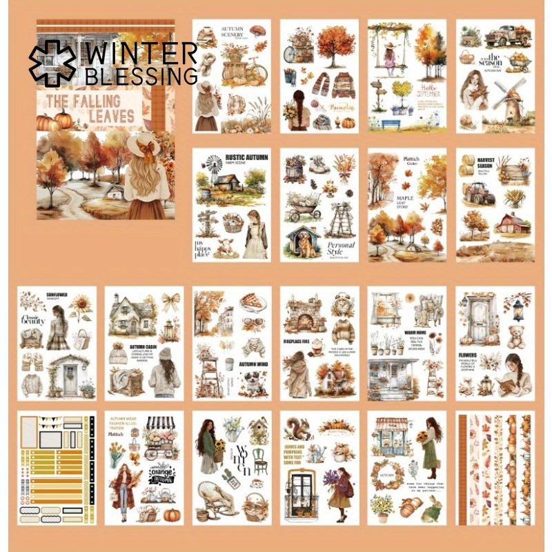 Image of 20sheets Large Size Autumn Sticker Book Waterproof Dual-material Maple Leaf Pumpkin Washi Pet Stickers Set For Scrapbooking Holiday Party Decoration