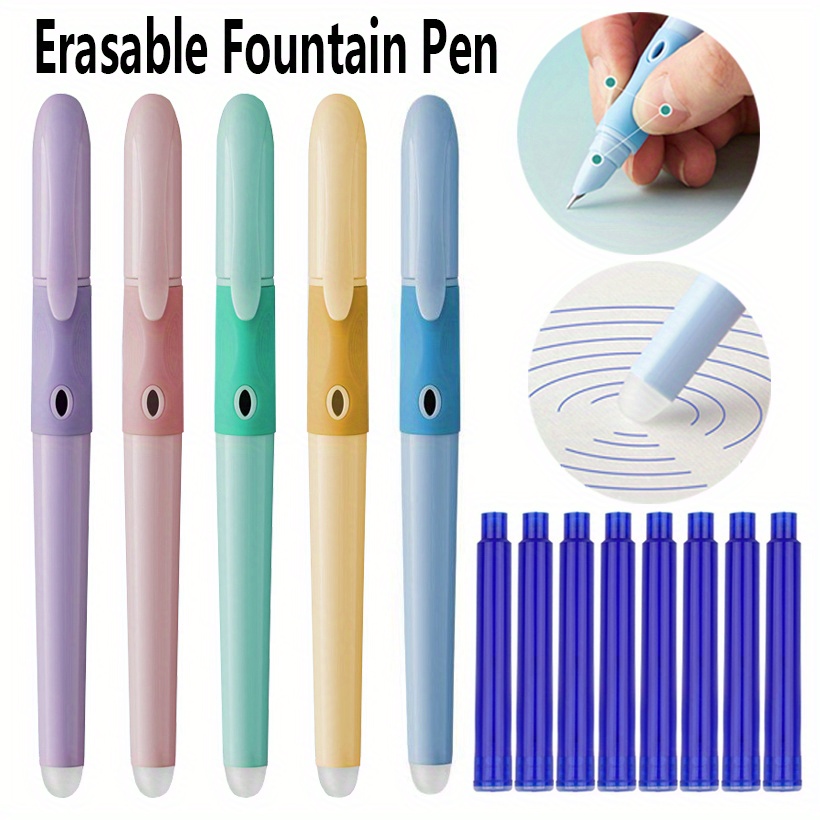 

10-pack Erasable Fountain Pens Set, 0.38mm Fine Point, 5 Colors, Replaceable Ink Cartridges, Office Writing Stationery Supplies With Eraser, Plastic Material