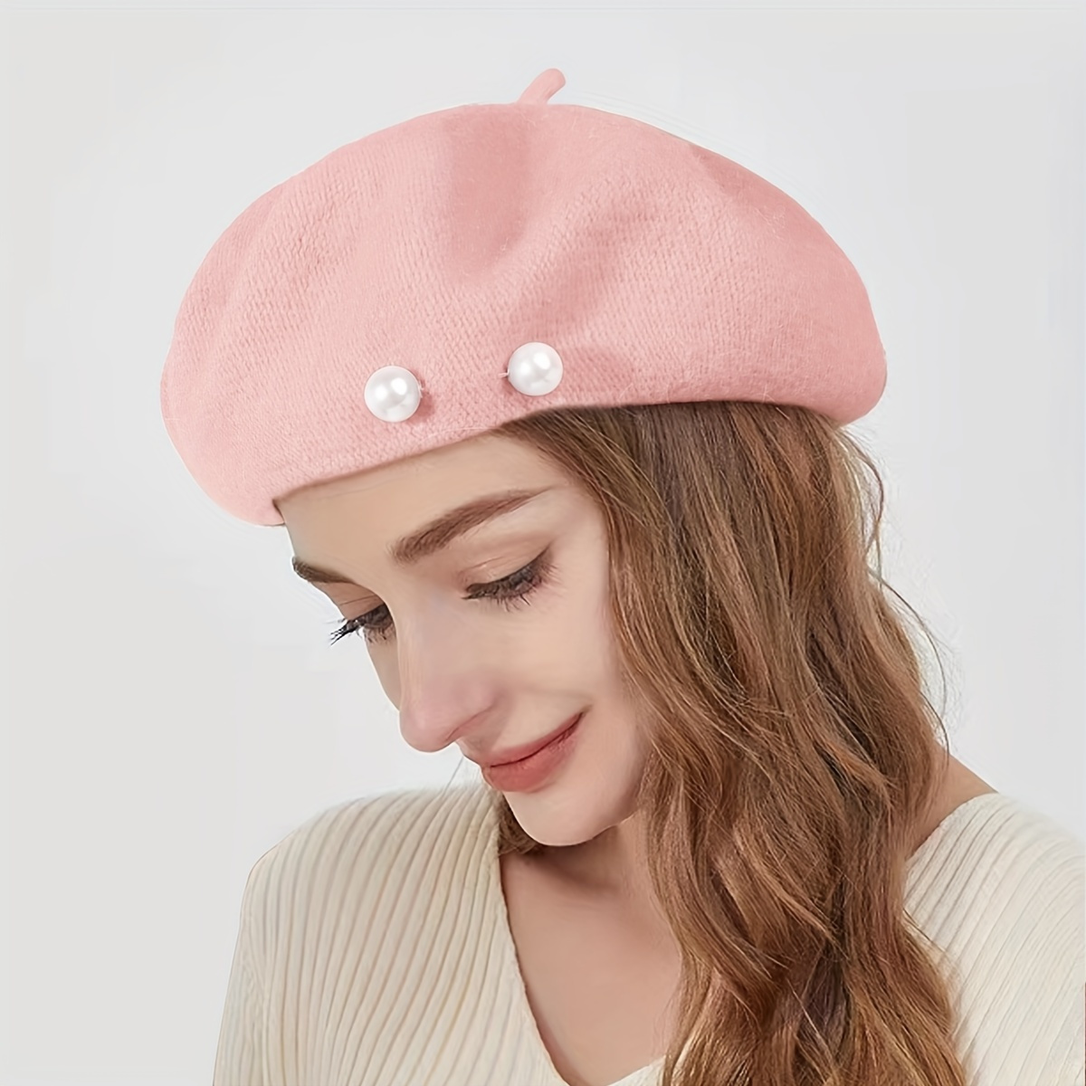 

Pearl Decor Large Berets Elegant Solid Color Warm Beret Hats Lightweight Painter Hat For Women Autumn & Winter