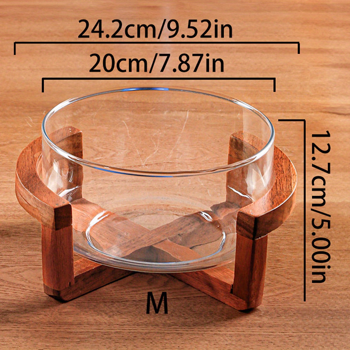Image of 2pcs/set Acacia Wood Base Glass Fruit Dish, Household Fruit Bowl, Salad Bowl, 1 Tray, 1 Bowl