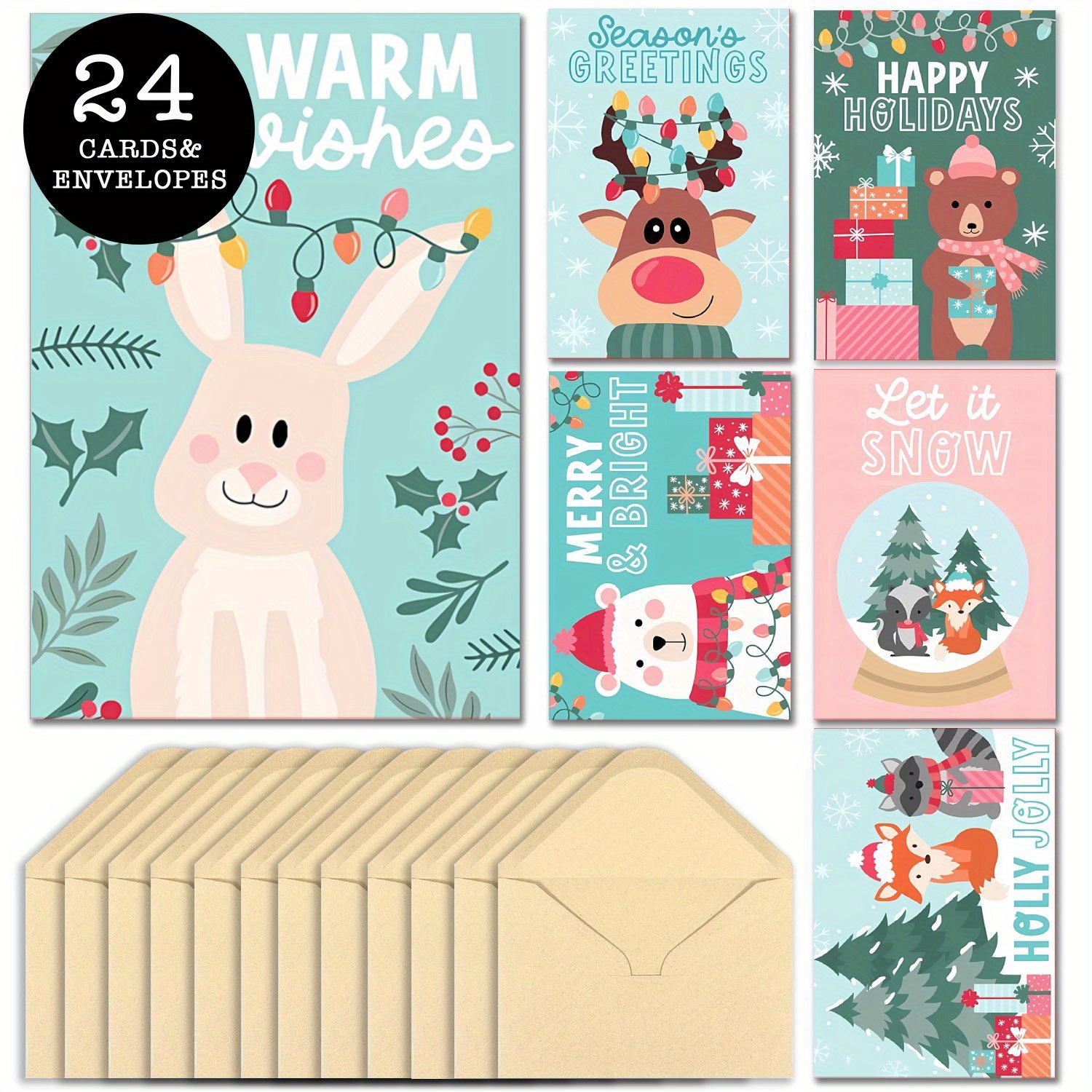 

24pcs Set Of Greeting Cards With Envelopes - Assorted Animal Designs For Christmas, & Thanksgiving -