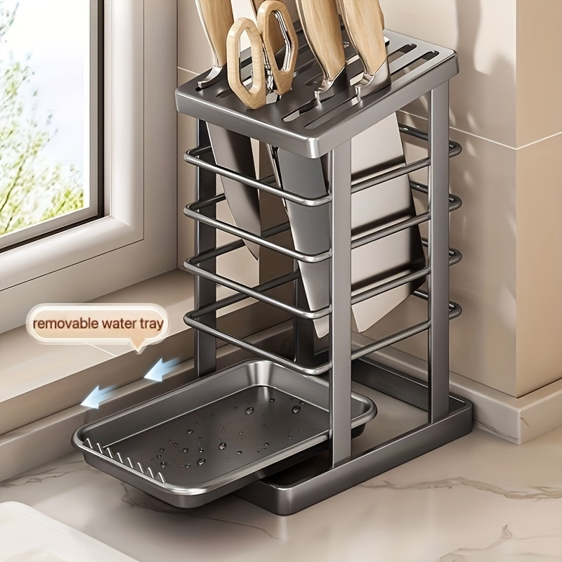 

Stainless Steel Kitchen Knife Holder With Removable Tray - 22.5cm/8.86in X 15.5cm/6.1in X 11.7cm/4.61in - Carbon Steel Material - Can Hold 8 Knives And 2pcs Of Tableware - Home Kitchen