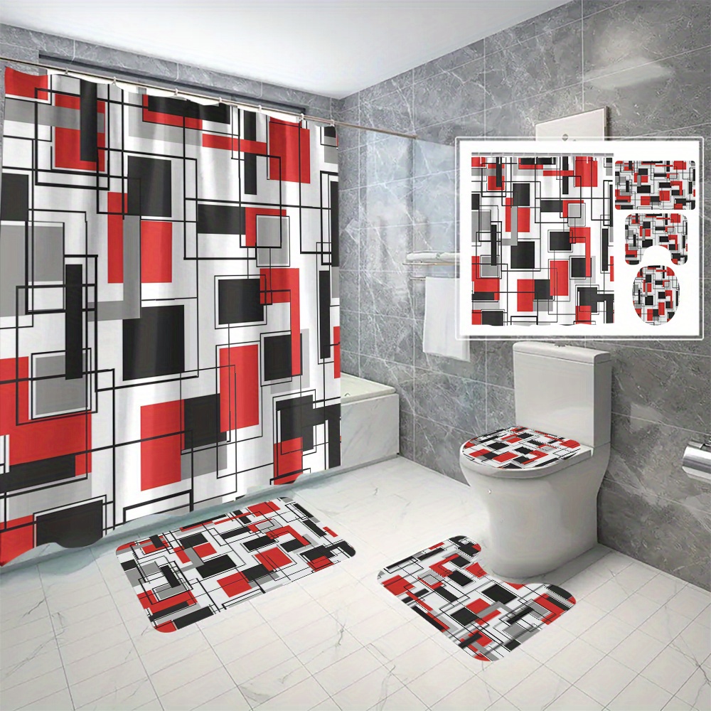 

Abstract Geometric Red & Print Waterproof Bathroom Set With Polyester - Woven, Machine Washable, Includes Hooks, Water-resistant, For All (1pc/2pc/3pc/4pc/6pcs Options)