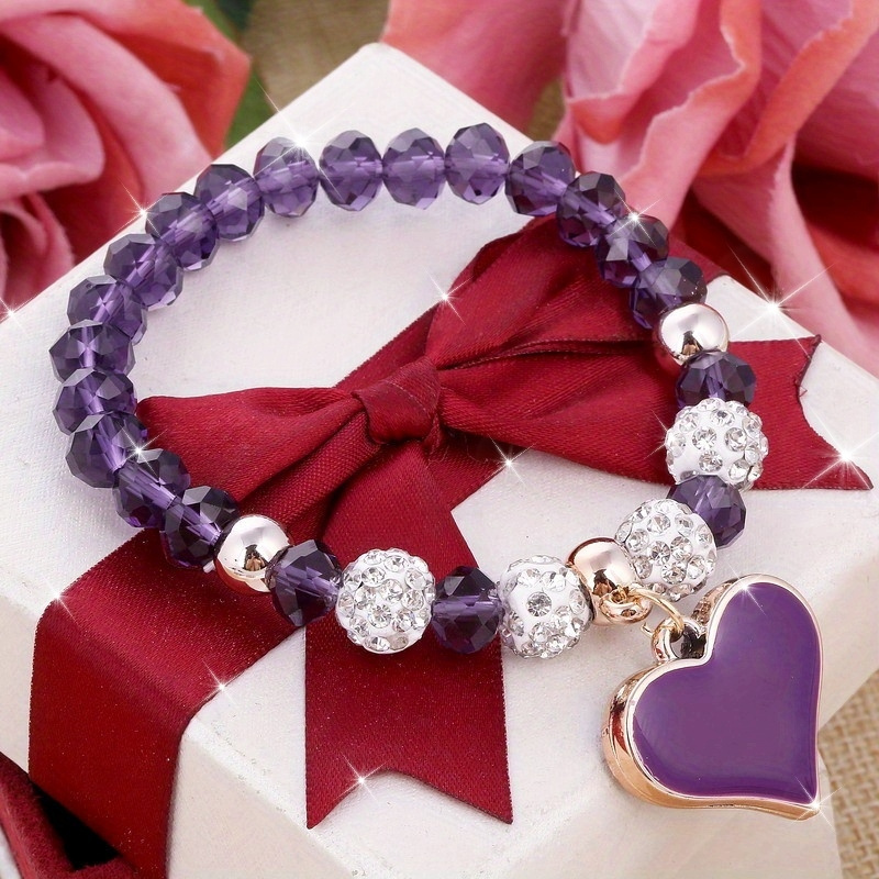 

1pc White/ Black/ Purple Color Love Heart Pendant Faux Crystal Beads Beaded Bracelet Handmade Hand String Jewelry Valentines Day Gift