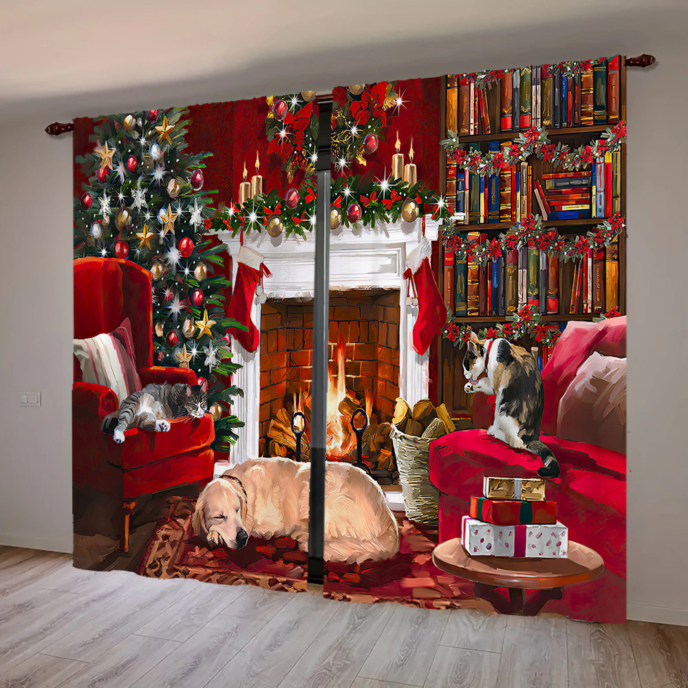 

2pcs Christmas Fireplace Curtains, Polyester, Winter Snowflake & Santa Claus Print, Contemporary Style, Machine Washable, For Living Room, Bedroom, Office Decor