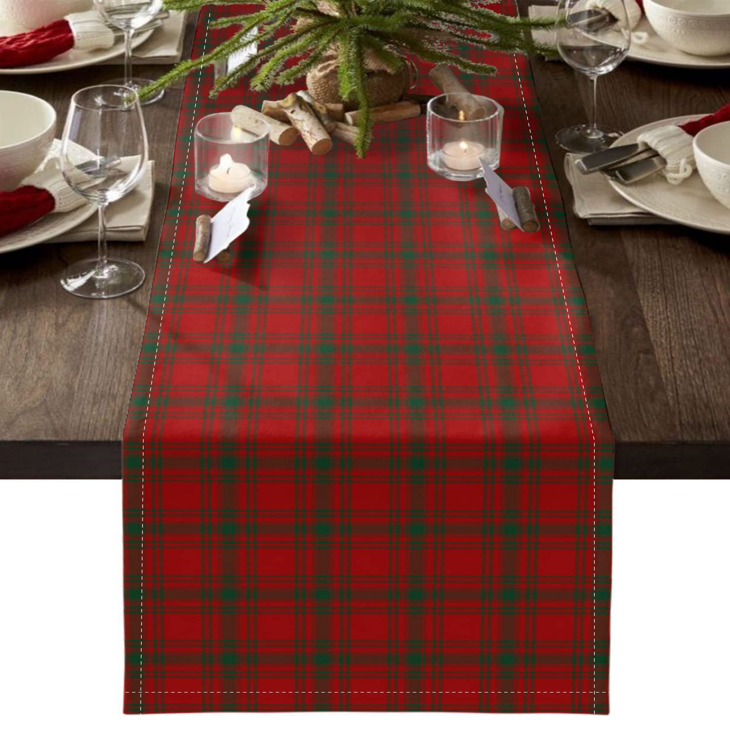 TEMU Christmas Runner - Plaid Style, Woven Polyester Rectangle Table Linen, Family Dinners & Indoor Festive Decorations