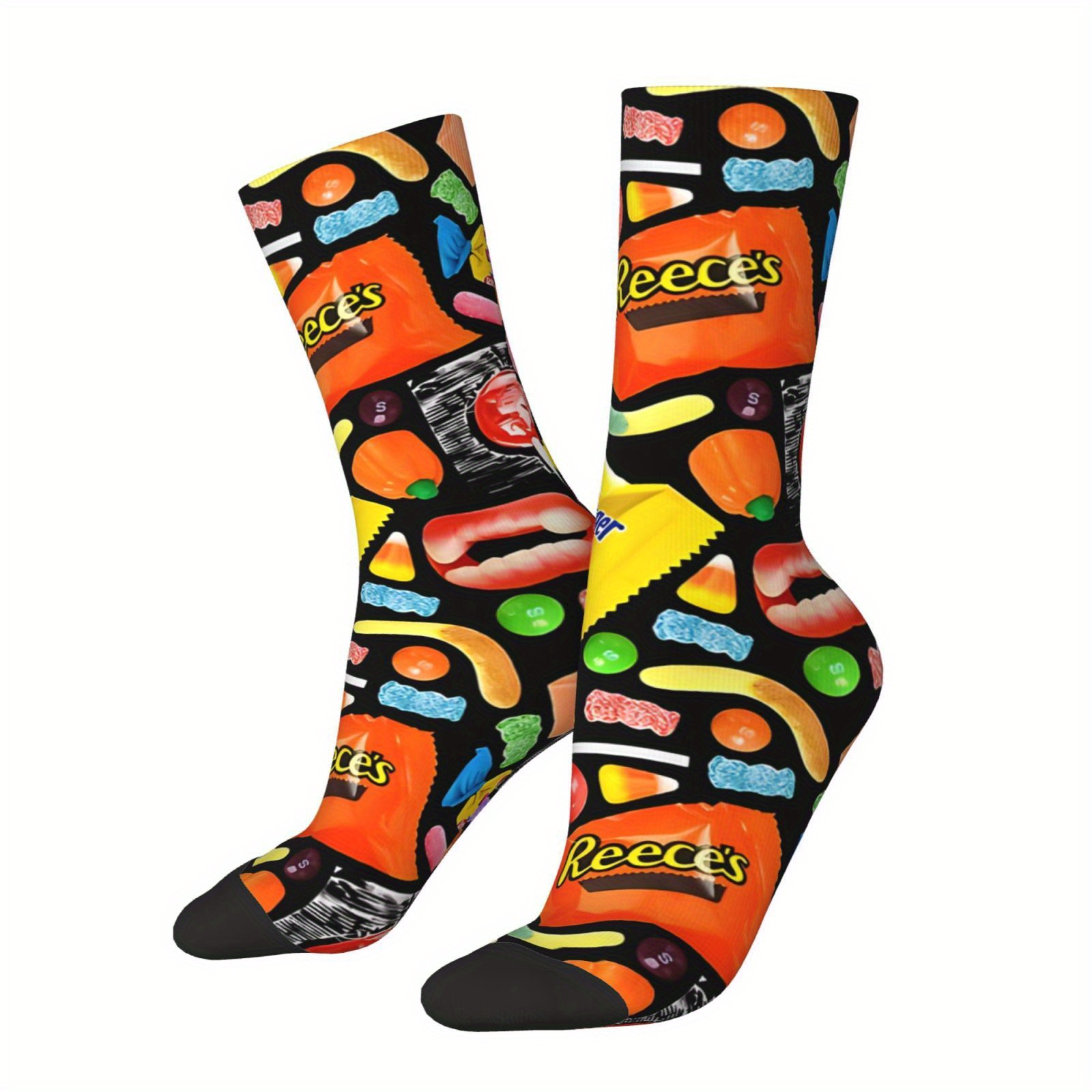 

1 Pair Men's Novelty Crew Socks With Candy & ' | Happy Trick Or Treat Themed | Hip Hop Seamless Knit Polyester & Spandex