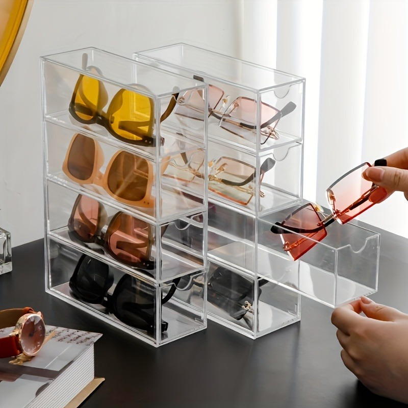 

Organisateur de stockage de lunettes en acrylique - Étagère à 4 tiroirs empilable pour affichage de lunettes - Étui à lunettes aux poussières et pour femmes en blanc