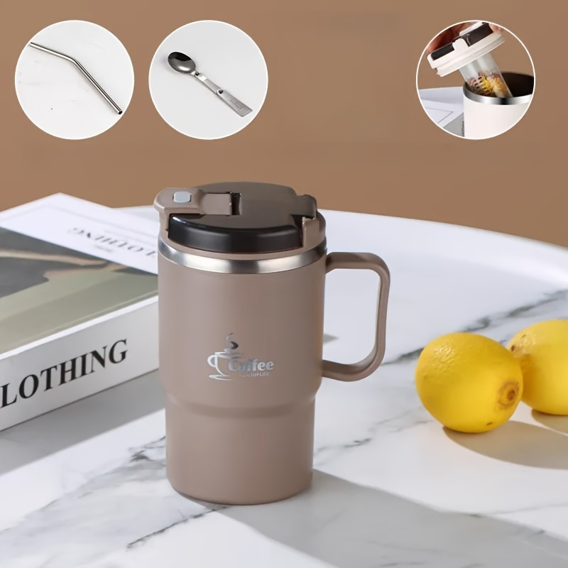 TEMU Hotu Insulated Coffee Mug With Lid And Spoon - 1pc 19.3 Oz Stainless Steel Thermal Cup - Reusable Multipurpose Beverage Container For Office, Travel, Sports With Tea Infuser