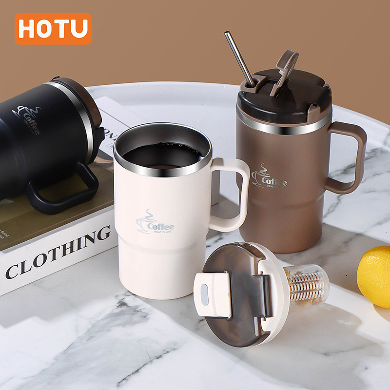 

Hotu Insulated Coffee Mug With Lid And Spoon - 1pc 19.3 Oz Stainless Steel Thermal Cup - Reusable Multipurpose Beverage Container For Office, Travel, Sports With Tea Infuser