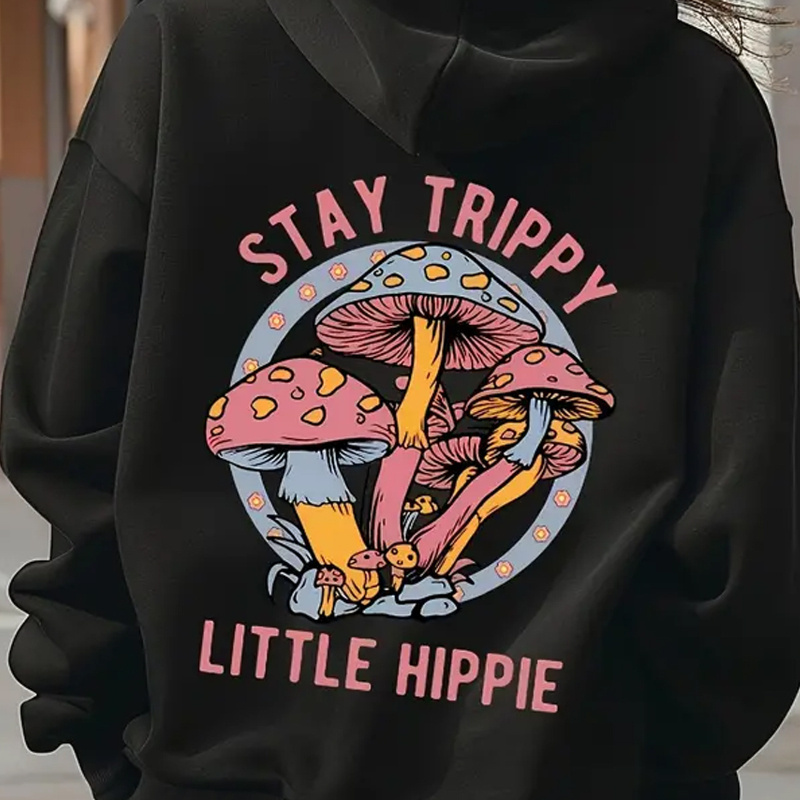 

Stay Little Hippie Hoodie - Casual Geometric Mushroom Print Sweatshirt With Hood, Polyester Knit Fabric, Drawstring, Unisex Fall/winter Collection