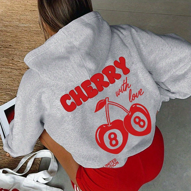 

Cherry With Love Hoodie Sweatshirt - Casual Geometric Pattern Hoodie With Drawstring, Polyester Knit Fabric, Unisex-fit For Fall/winter