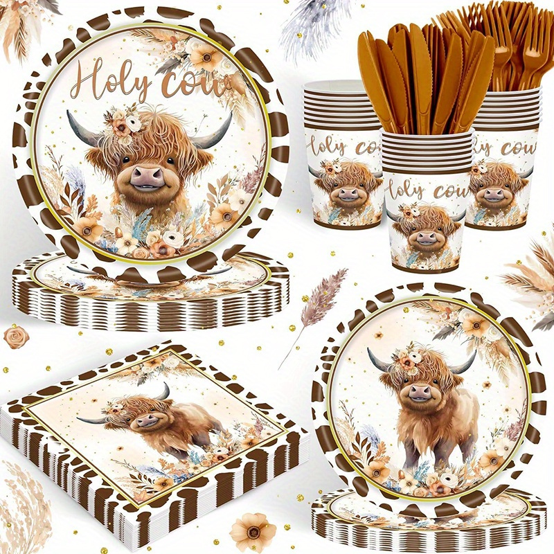 TEMU 120pcs Boho Highland Cow Party Supplies, Cow Highland Themed Birthday Party Supplies, Disposable Tableware Including Paper Plates, Paper Towels, Paper Cups, Knives And Forks For 20 Guests