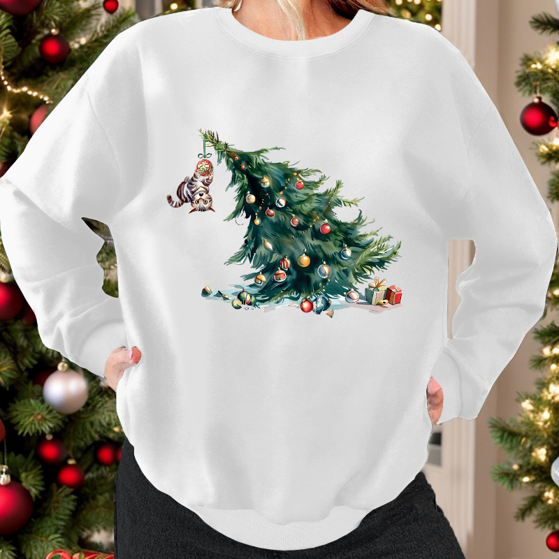 

Christmas Tree Sweatshirt For Adults - Casual Polyester Knit Pullover With Holiday Print, Round Neck, No Cap - All Season Comfort