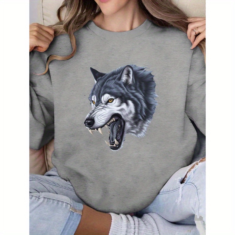 

Women's Graphic Wolf Print Sweatshirt - 100% Polyester Casual Crew Neck Pullover With Long Sleeves For Fall/winter - Knit Fabric Regular Fit Geometric Pattern Top