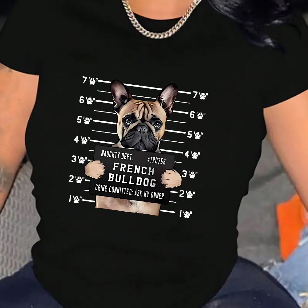 

French Bulldog Height Chart Graphic T-shirt For Women - Casual Round Neck Short Sleeve Top, Knit Fabric, Polyester, Animal Pattern, Wear