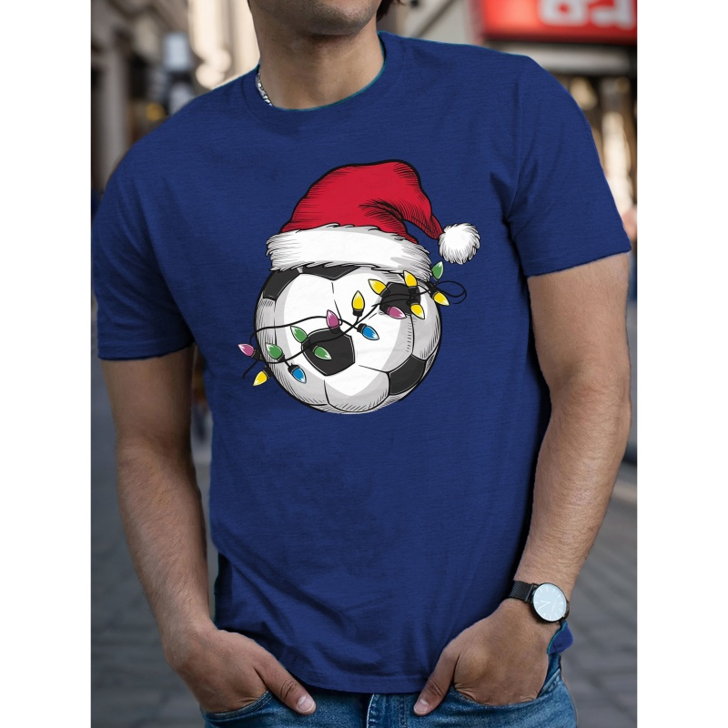 

Christmas Soccer Ball With Santa Hat Pattern Printing Men's T-shirt, Comfy Breathable Casual Soft Crew Neck Tops For Summer