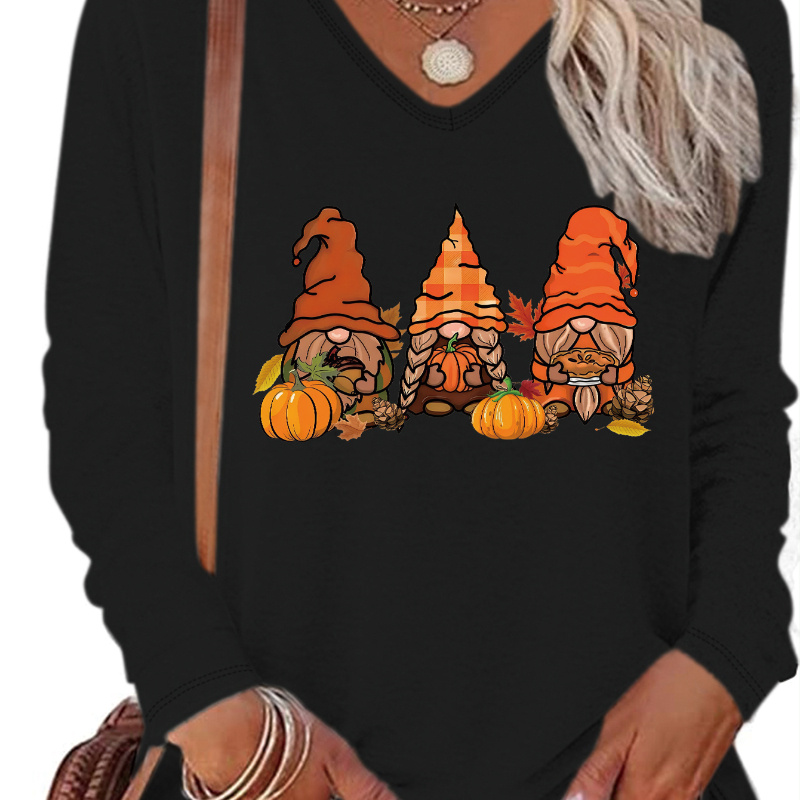 

Women's Casual V-neck Long Sleeve T-shirt With Thanksgiving Pumpkin & Print - Stretchy Polyester , Machine Washable - Fall/winter, Thanksgiving