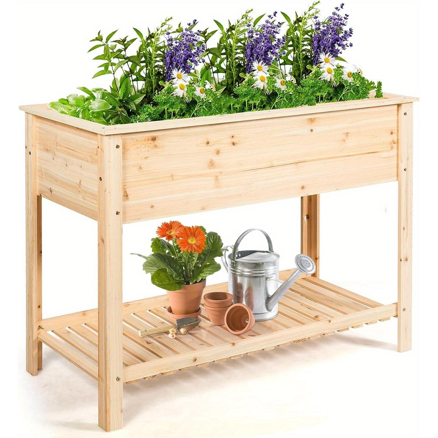 Image of Raised Bed With Shelf Plant Pot Plant Box Flower Bed Bed Plant Trough In The Garden & Balcony 92x41x81cm Wood