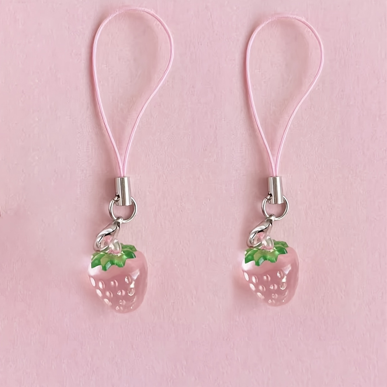 

2pc Cute Strawberry Phone Charms Resin Pendant With Diamond Accents, Charm Mobile Lanyard Accessories