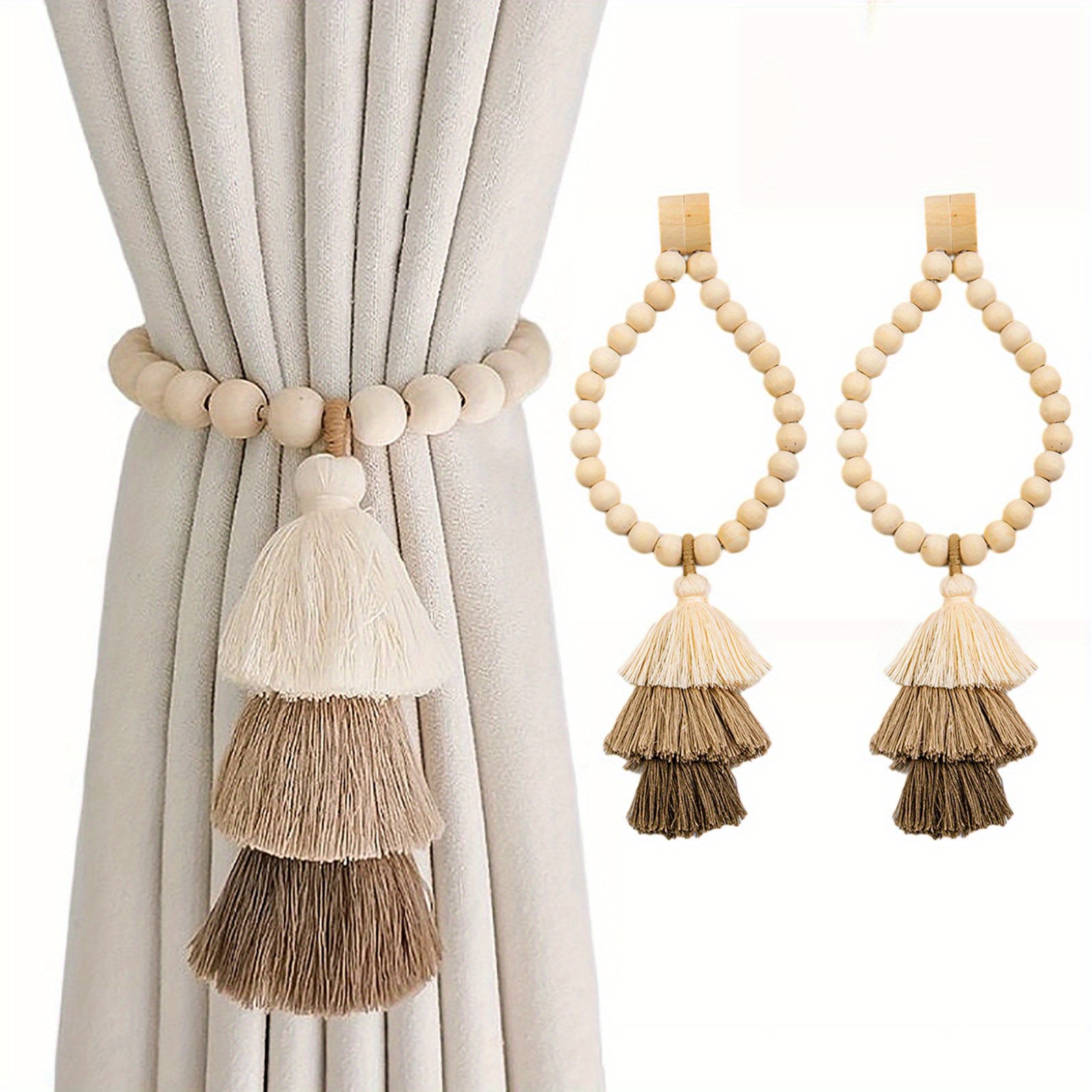 TEMU Farmhouse Curtain Tiebacks - 2 Pack Farmhouse Curtain Holdbacks, Curtain Holder Hooks For Drapes, Beaded Rustic Curtain Tie Backs, Drapery Pull Backs, Boho Farmhouse Wall Decor, 16 Inch