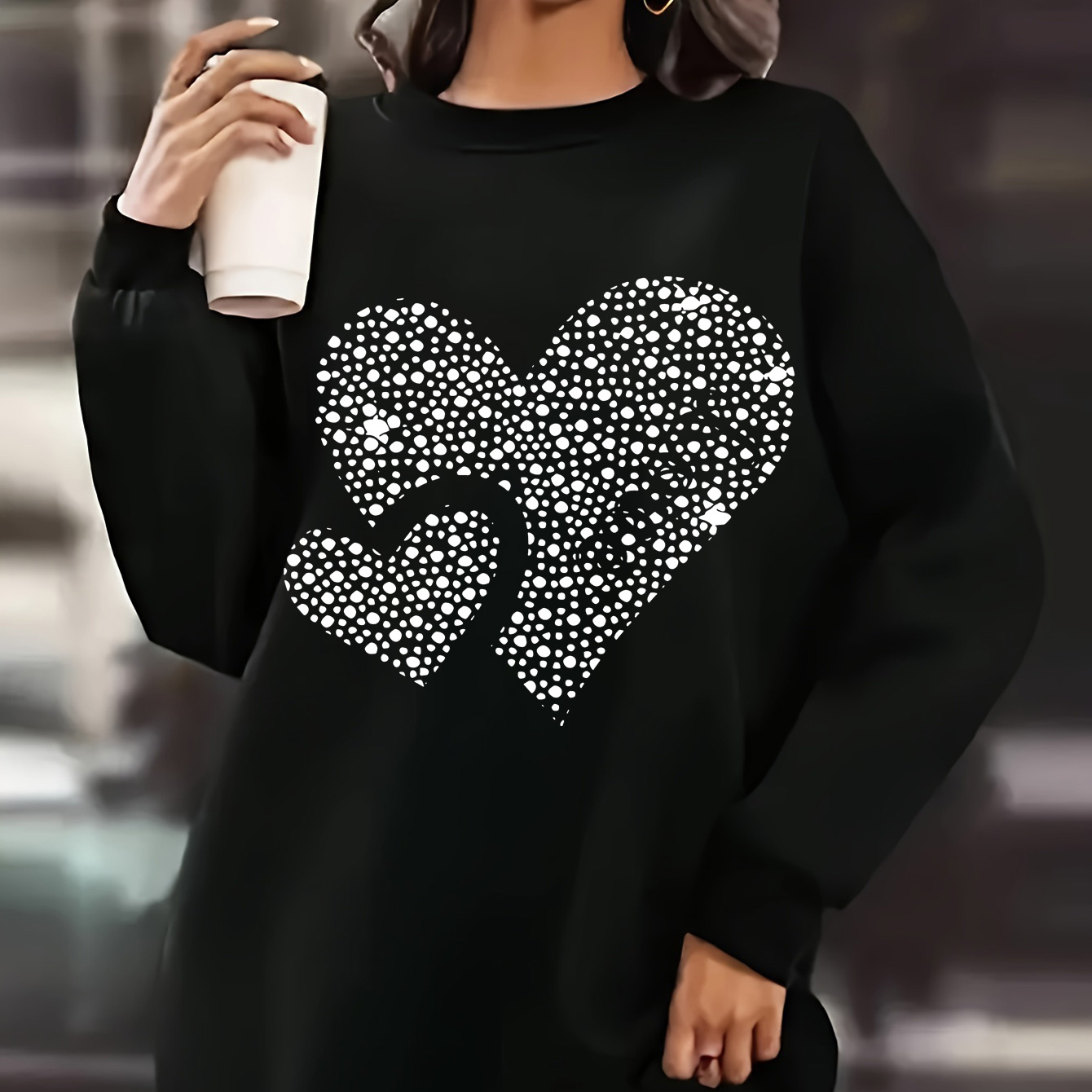 

Women's Plus Size Heart Print Sweatshirt Dress - Casual Loose Fit, Long Sleeve Crew Neck For Fall/winter, Machine Washable