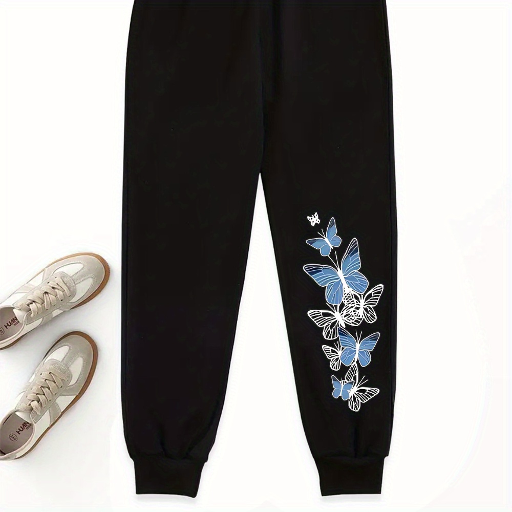 

Women's Casual Butterfly Print Drawstring Sports Pants - 100% Polyester Knit Fabric, Comfort, Teen-friendly Style