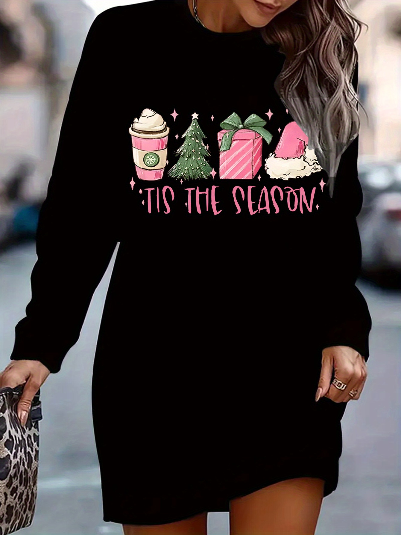 plus size christmas tree print tunic dress for women - casual crew neck  long sleeve knit polyester dress with stretch - fall/winter pullover sweater  dress - women' clothing - Temu