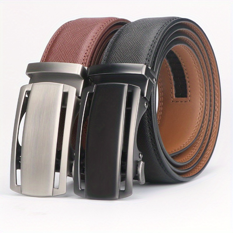 

2pcs Men' Leather Belts Set, Genuine Cowhide, Alloy , Regular Fit, , Automatic Ratchet Waistbands For Men's Pants