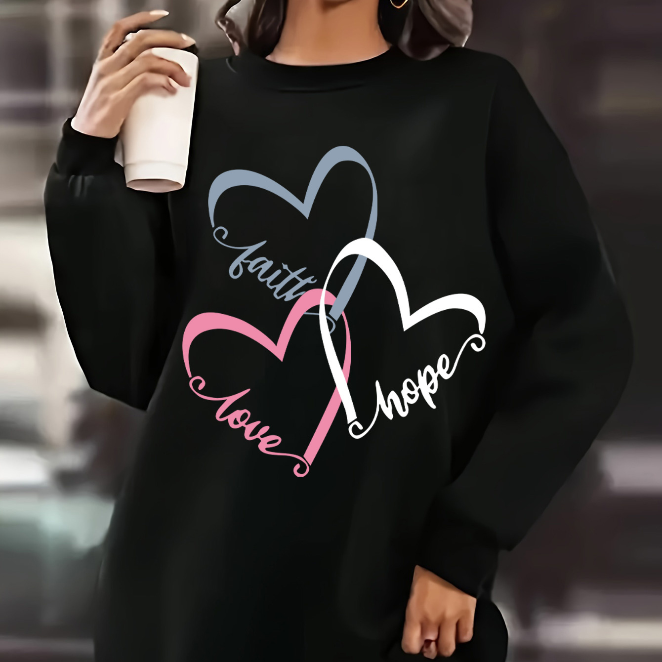 

Women's Plus Size Letter Print Sweatshirt Dress, Casual Loose Fit Long Sleeve Round Neck Pullover, Autumn/, Polyester Knit Fabric, Black Pattern, Athletic Hoodie Style