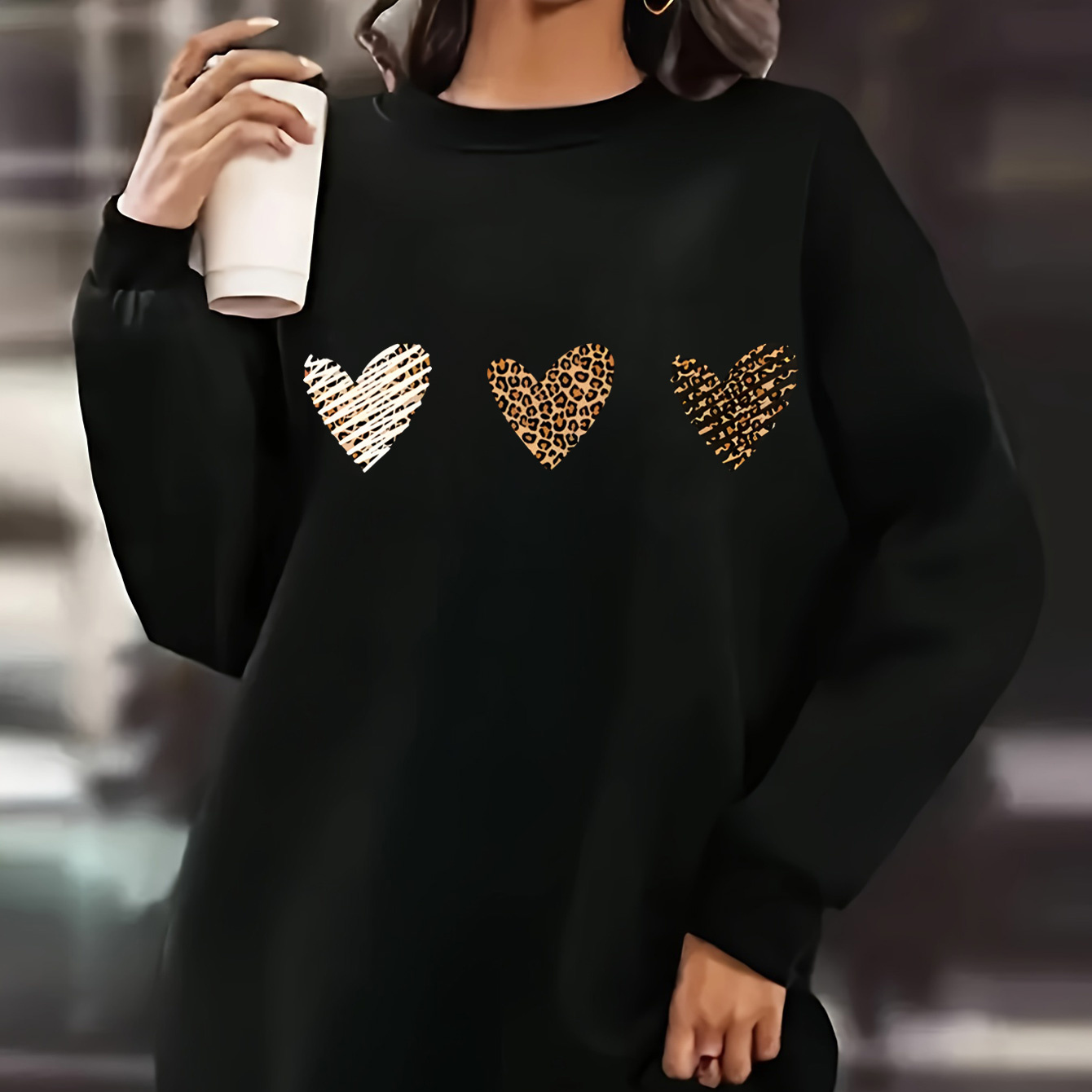 

Women's Casual Heart Print Sweatshirt Dress - Cozy Long Sleeve Crew Neck, Fall & Winter