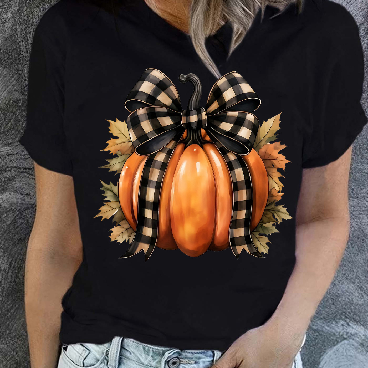 

Women's Pumpkin Print T-shirt - Casual Crew Neck, Short Sleeve Top For , Stretchy Polyester Blend