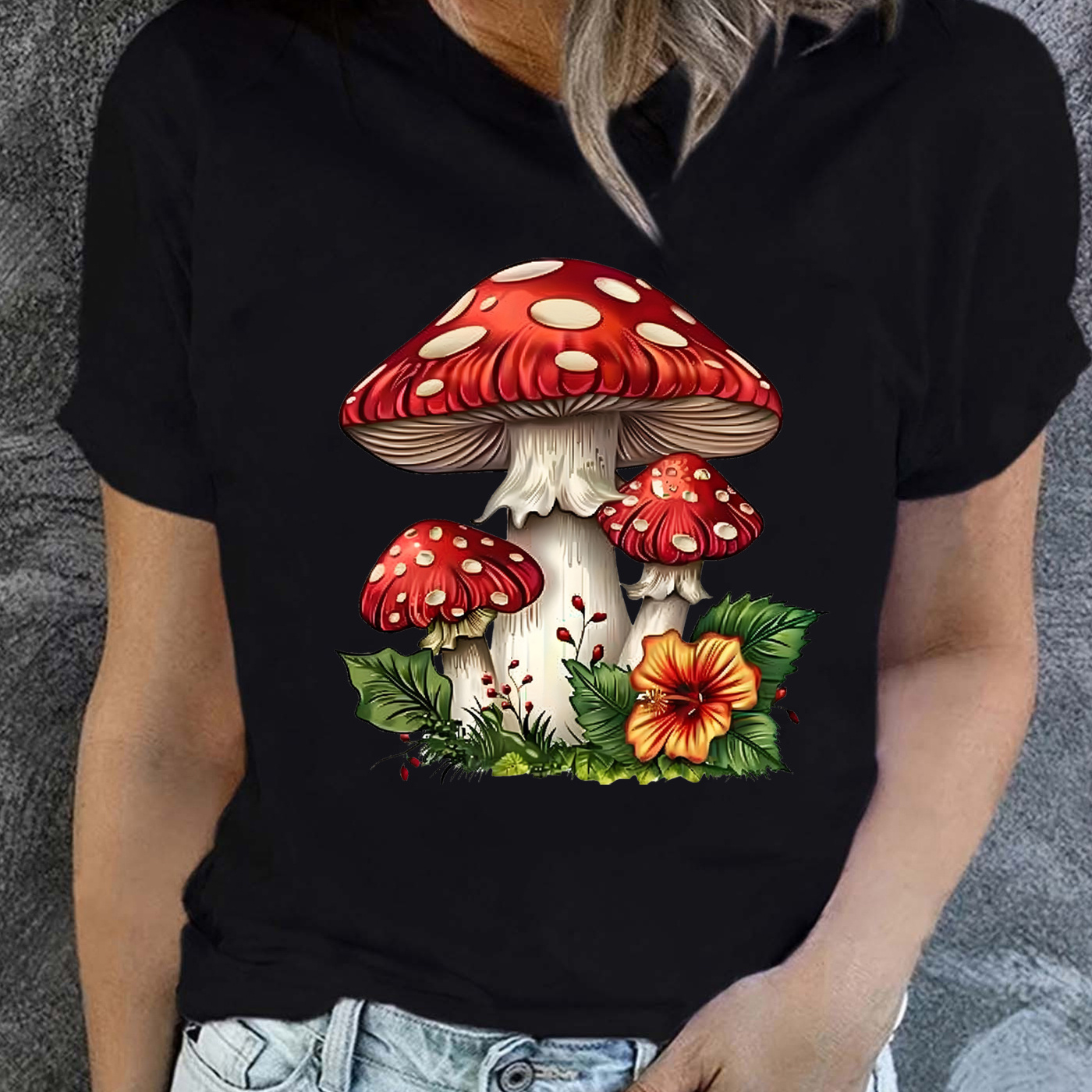 

Women's Mushroom Graphic T-shirt - Knit Fabric Polyester 95%, Spandex 5% - Casual Crew Neck Tee With Pattern - Regular Length Summer Top