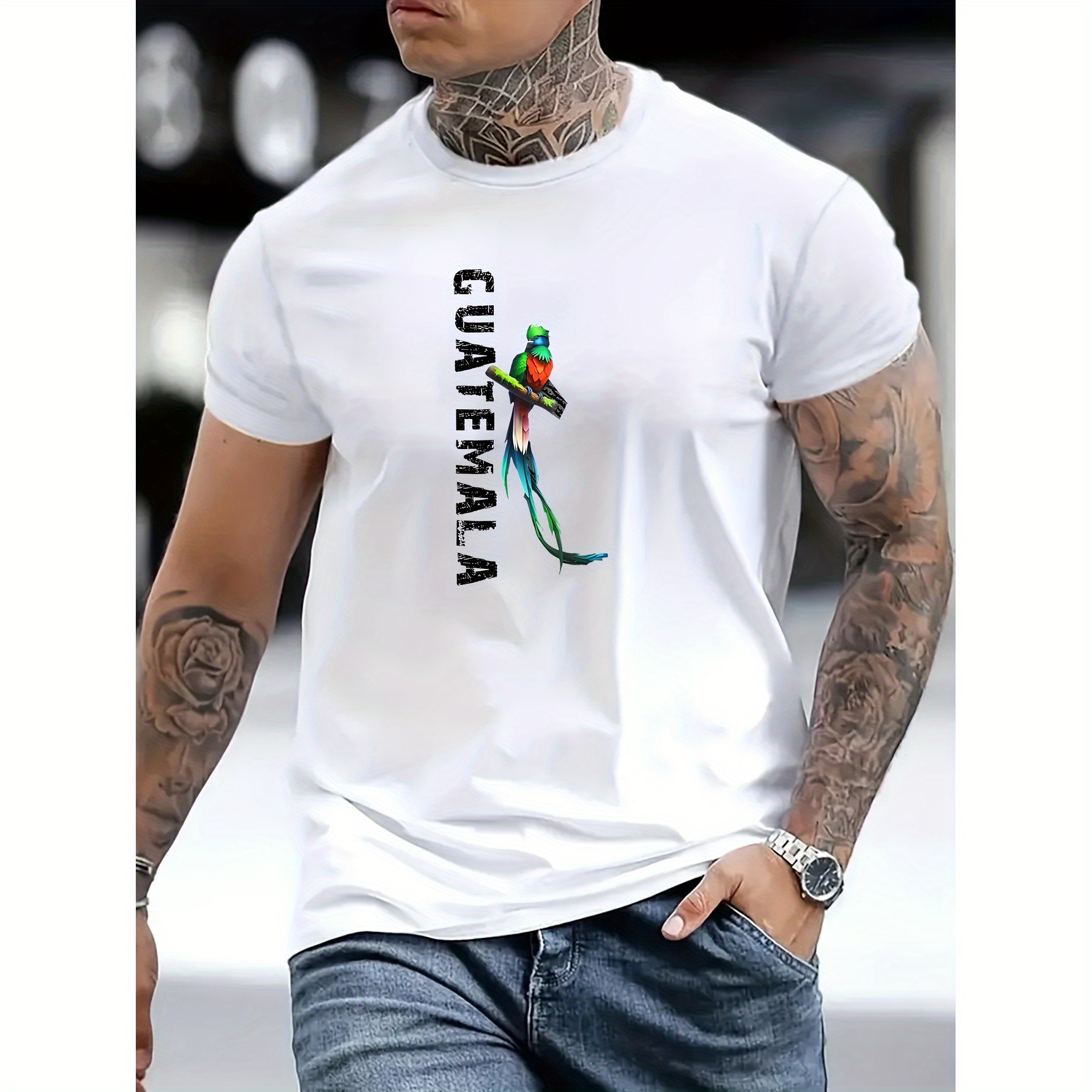 

Guatemala& Bird Print Men's T-shirt- Comfortable Polyester, Round Neck, Regular Fit For Casual Attire- Summer Tee