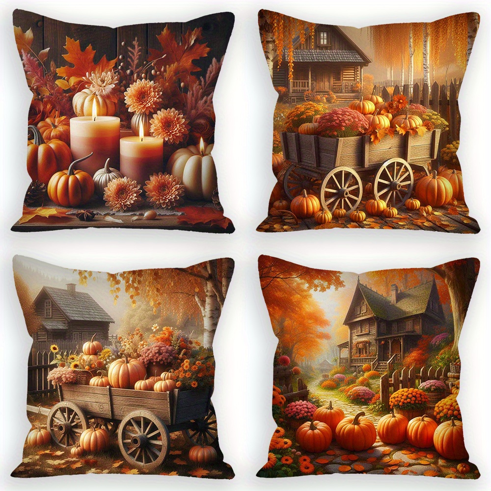 

4pcs Pumpkin & Fall House Throw Pillow Covers - Soft, Comfy 18x18 Inch Cushions For Living Room, Bedroom, Car - Red, Zip Closure, Machine Washable - Fall & Decor