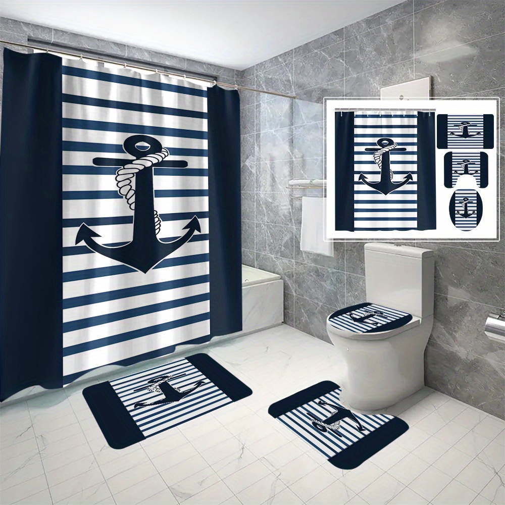 

Nautical Anchor Pattern Bathroom Set - Machine Washable Polyester Fabric Bath Drapes With C-hooks, Marine-themed Art Decor, , Water-repellent, Accessory