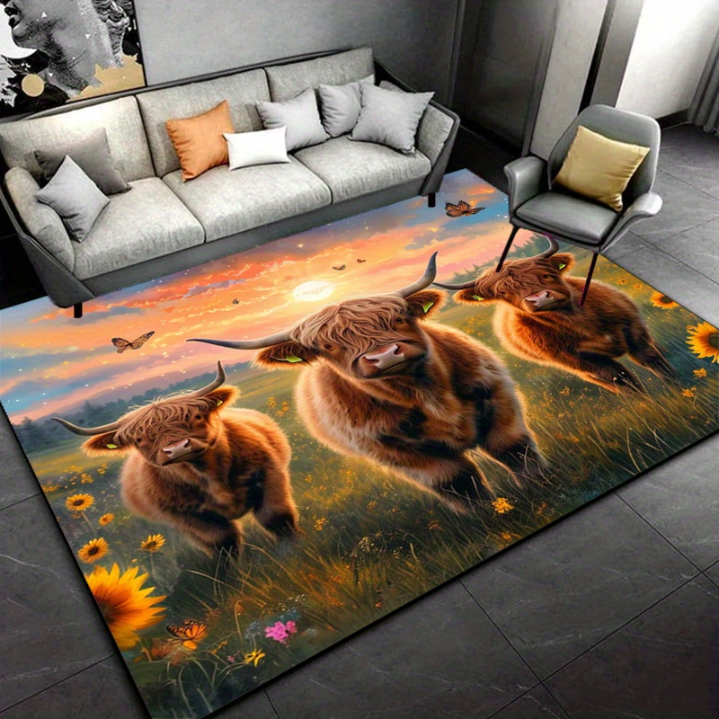 3d highland cow print area mat non slip polyester mat with sunset field   for living room bedroom kitchen decor machine washable indoor floor mat cow decor christmas decor 0