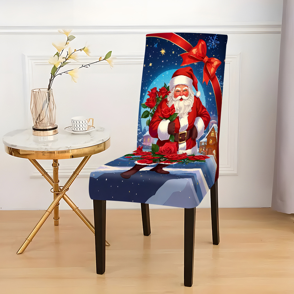 

Santa Claus Christmas Theme Stretch Chair Slipcovers, 2/4/6 Pack, Contemporary -band Chair Covers, Machine Washable, Polyester, Dust And Stain Resistant For Dining And Office Decor