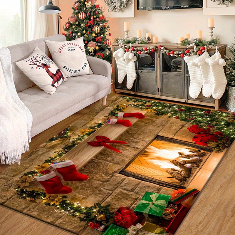 Tapis De Noël Motif Père Noël Et Sapin - 160x230 Cm, Lavable, Antidérapant, Poils Courts - Décoration Salon Chambre