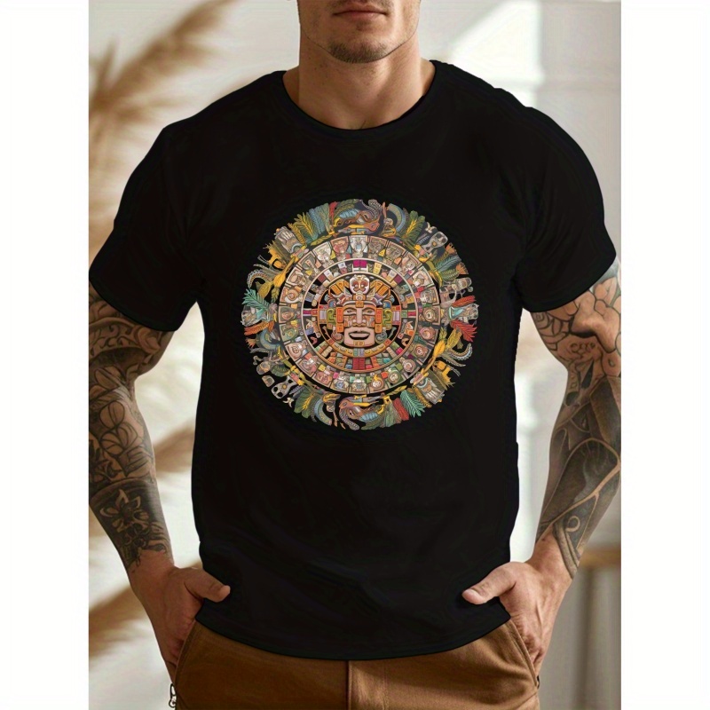 

Aztec Mesoamerican Art Print, Men's Round Crew Neck Short Sleeve Tee, Casual T-shirt Casual Comfy Lightweight Top For Summer