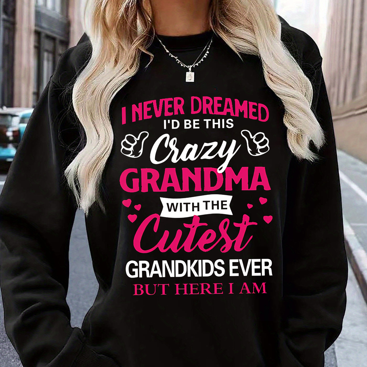 

Women's Casual Long Sleeve Crew Neck Sweatshirt, Grandma Letter Print, Knitted Polyester, Stretchy Fabric, Cartoon Detail, Fall/, Adult Size