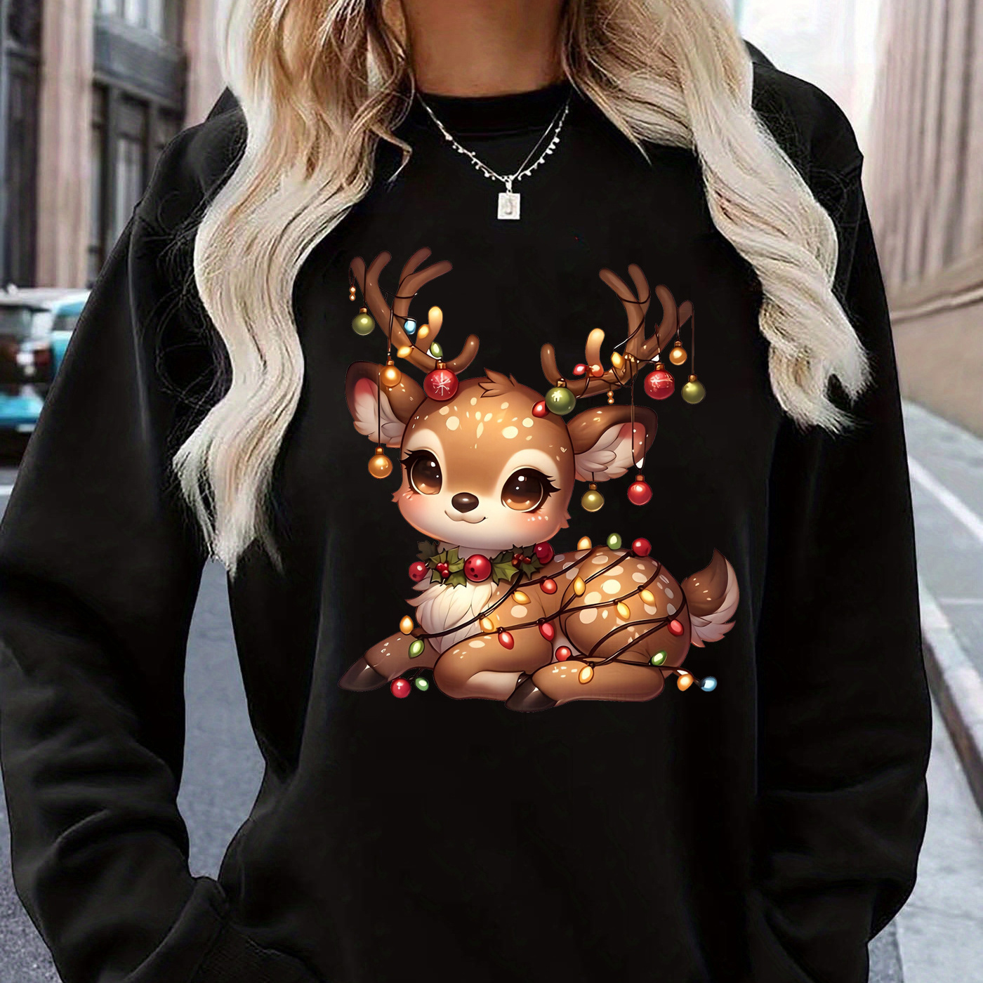 

Christmas Deer Sweatshirt For Women - Casual Round Neck Pullover With Cartoon Reindeer Design, Polyester Knit Fabric, Elasticity, Unisex Adult Sweatshirt For Fall & Winter