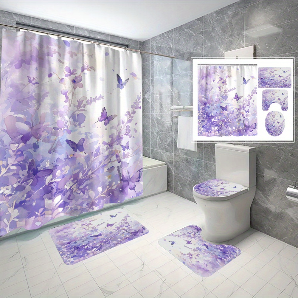 

Water-resistant Polyester Bath Drapes With Purple Floral And Butterfly Print, Machine Washable, Includes C-type Hooks, Woven Bathroom For All - Multiple Set Options (1pc/2pc/3pc/4pc/6pcs)