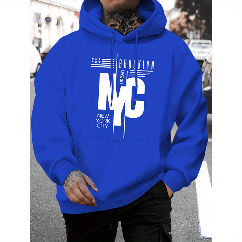 

Men's Letter Hoodie - Fall/winter Season Knit Fabric Regular Fit 100% Polyester Geometric Pattern Hooded Sweatshirt With Stretch