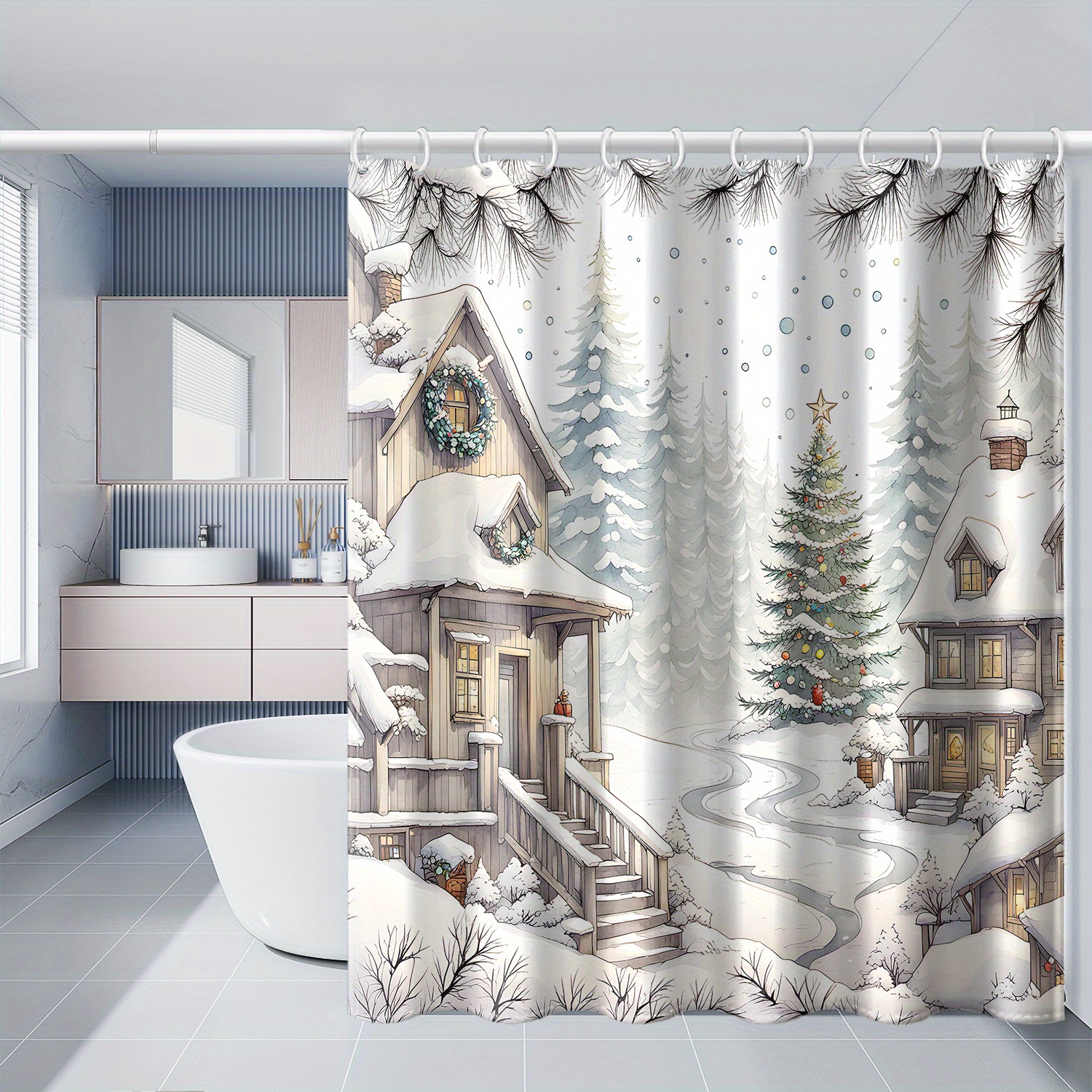 

1pc Christmas Snowy Cabin Print Waterproof Polyester Bath With Hooks, Machine Washable Art Themed Bathroom Decor, Water-resistant Woven Fabric, Home Accessory, 71x71 Inches