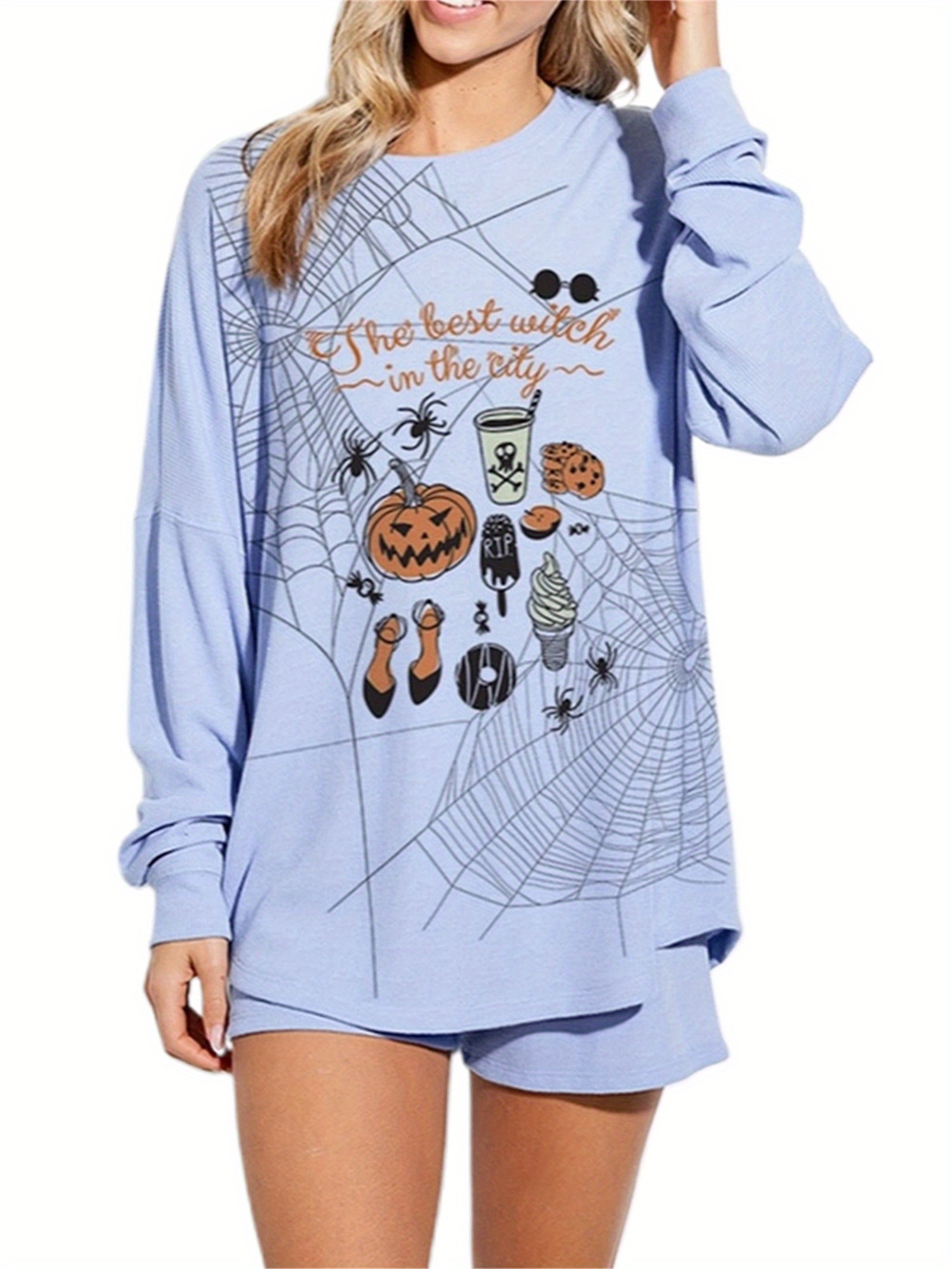 Pyjama Femme Halloween 2 Pièces - Imprimé Citrouille Fantôme, Manches Longues, Pantalon Confortable Pour L'hiver